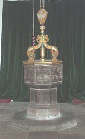 "Fourteenth-century hexagonal Purbeck Marble font, Church of Edward King and Martyr, Corfe Castle"